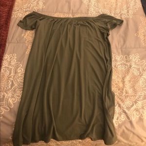 Off the shoulder olive green flowy dress.